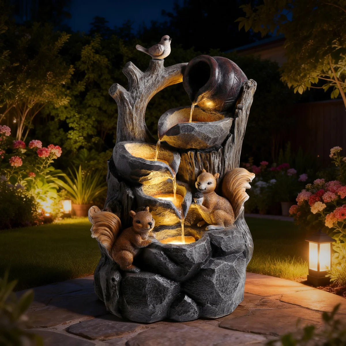 Squirrel Outdoor Water Fountain With Lights Waterfall Garden Decor