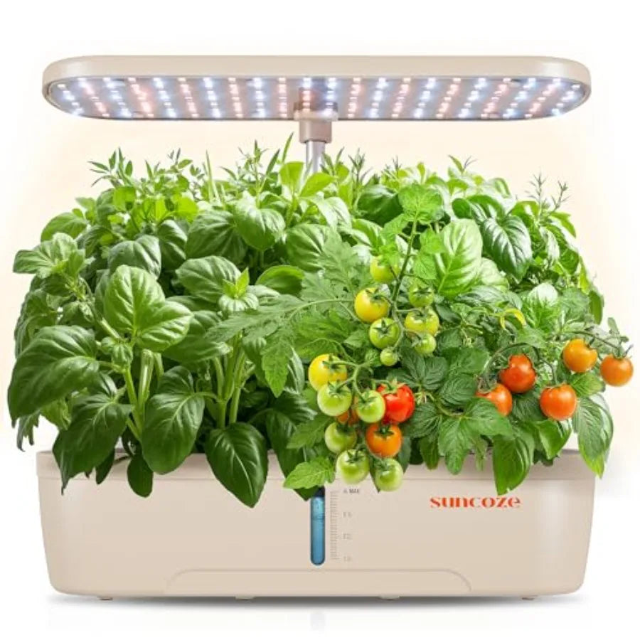 Hydroponics Growing System Kit 12 Pods for Indoor Herb Garden, Beige ABS Plastic with 20W LED Grow Light, Visible Water Tank Pu