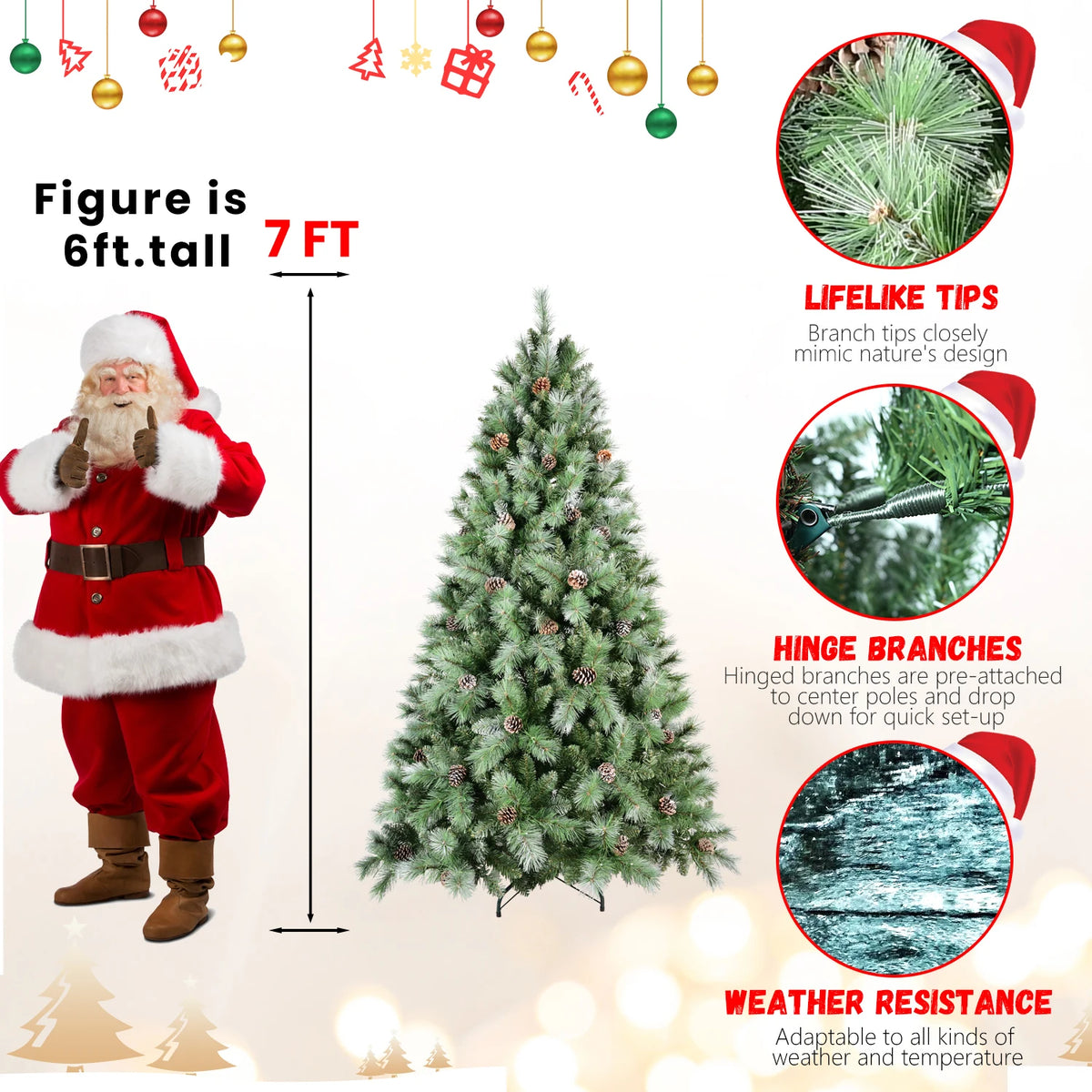 Artificial Christmas Tree Realistic Pine Cones Heavy Duty Metal Stand