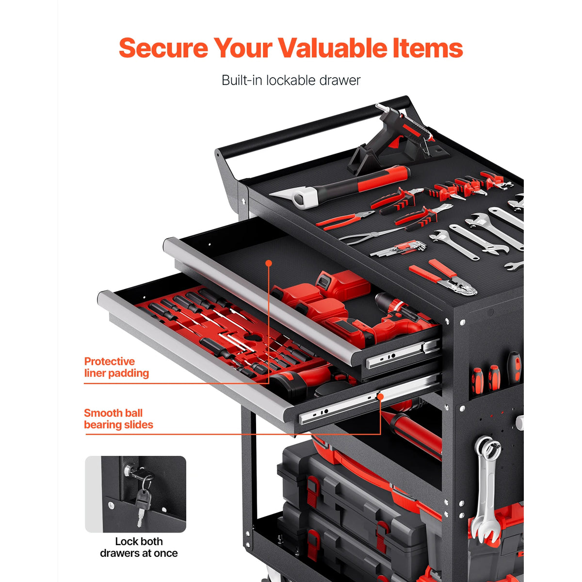 Five Tier Lockable Rolling Tool Cart With Pegboard Storage Organizer