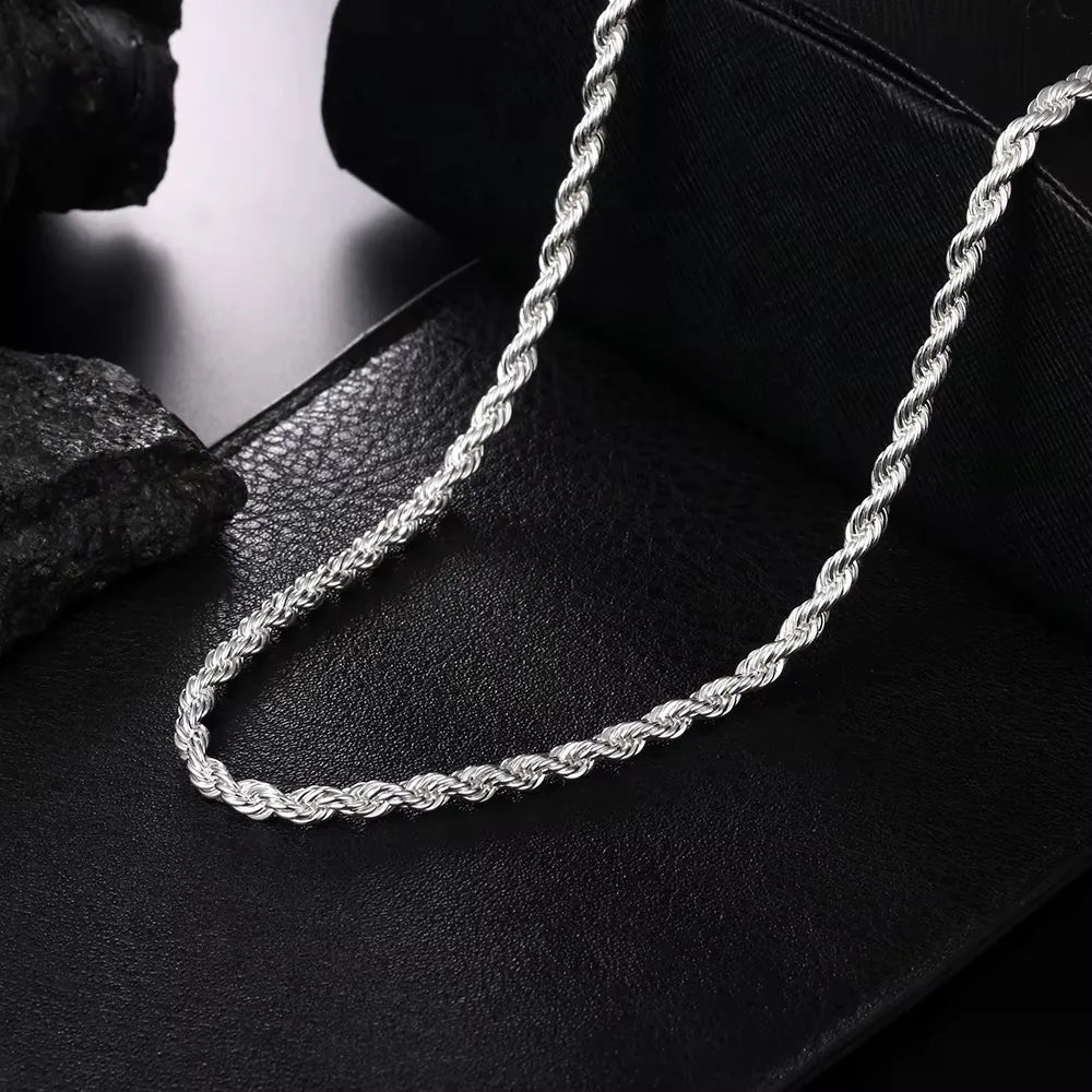 2PCS 925 Sterling Silver Rope Chain Set, 4MM 40-60cm, Necklace & Bracelet, Fashion Jewelry for Men Women, Wedding Daily Gift