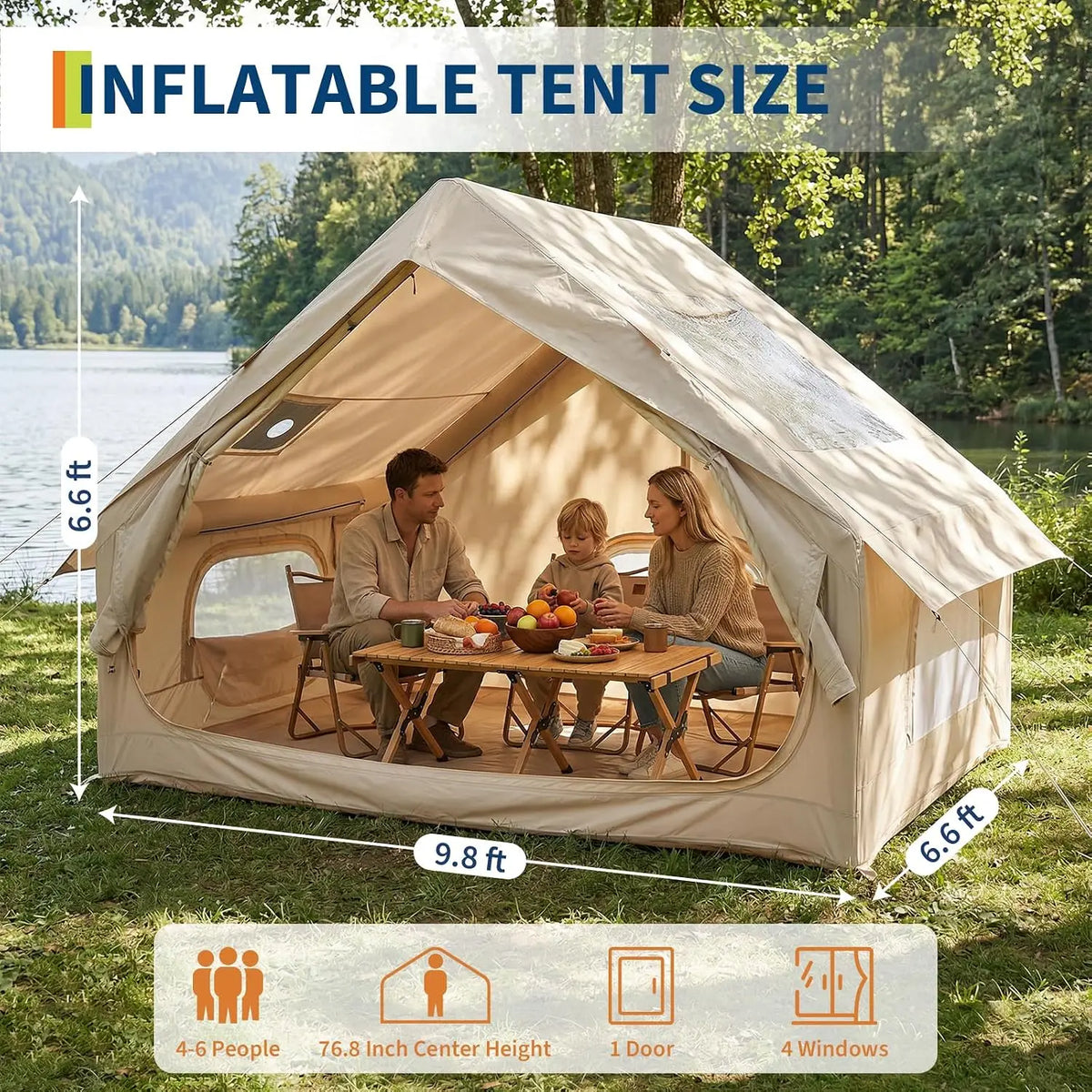 Inflatable Camping Tent 4 Person 4 Season Waterproof Family Air Tent with Hand Pump 5 Min Setup Stove Jack Mesh Windows Skylight 210D Oxford Fabric 63 Sq Ft Floor Portable for Hiking Fishing Beach Fall Winter