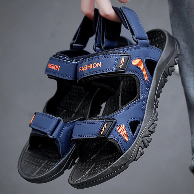 Men Casual Open Toe Flat Sandals Featuring Hook Loop Strap Design