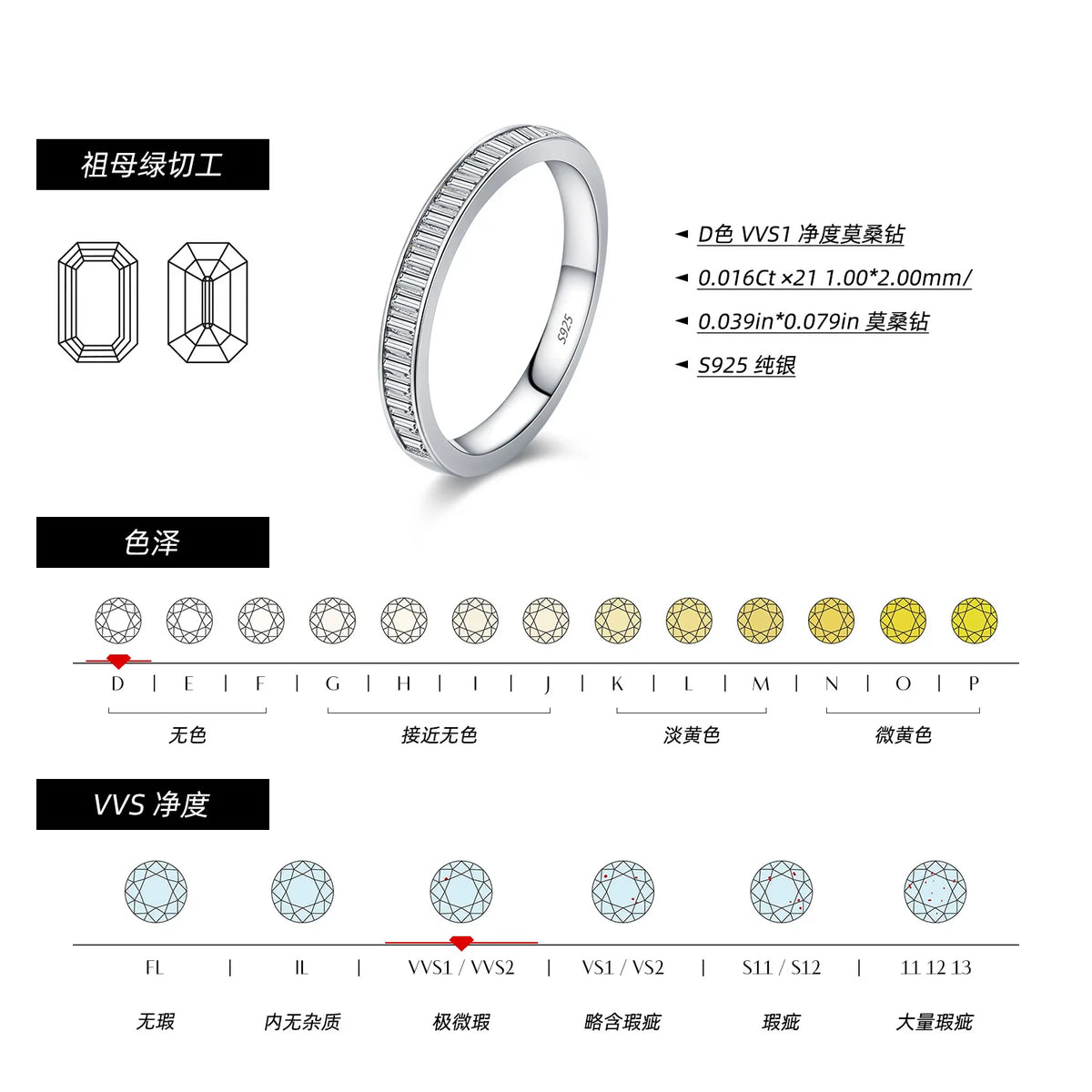 LYEE CYEE Dazzling D Color Rectangle Moissanite Stackable Rings 925 Sterling Silver Eternity Band Rings For Women Fine Jewelry