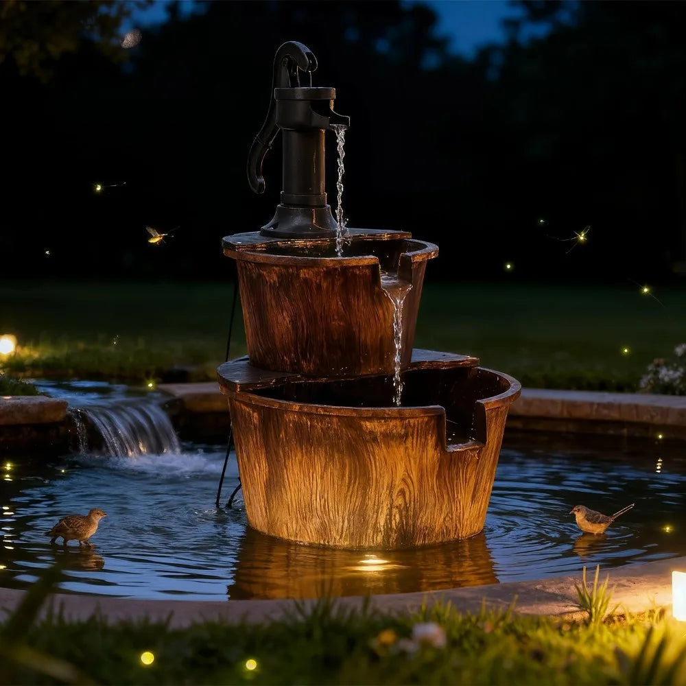 Two Tier Stepped Barrel Waterfall Fountain With Pump