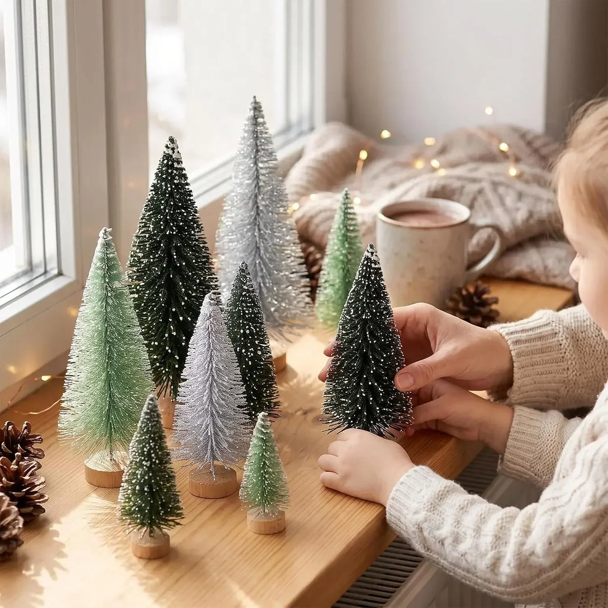 30pcs Mini Christmas Trees Artificial Christmas Tree Bottle Brush Trees with Wooden Base for Christmas Decor Party Home Table Craft Decorations (Silver,Green)