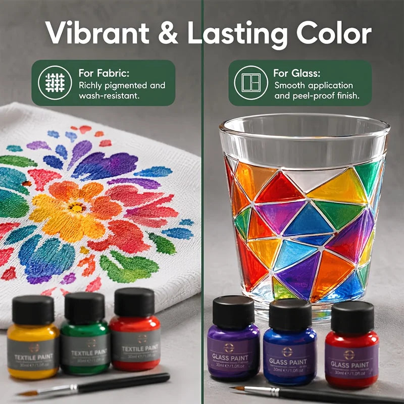 6 Color 30ml/1.01oz Hand Painting Paint Kit. Fabric Paint & Glass Paint. Each Kit Contains 6 Paint Bottles & 1 Outlining Brush. High Color Saturation  Strong Adhesion for Hand Painting on Fabric、 Glass. For DIY Crafters & A