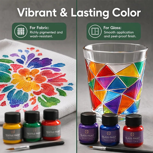 6 Color 30ml/1.01oz Hand Painting Paint Kit. Fabric Paint & Glass Paint. Each Kit Contains 6 Paint Bottles & 1 Outlining Brush. High Color Saturation  Strong Adhesion for Hand Painting on Fabric、 Glass. For DIY Crafters & A