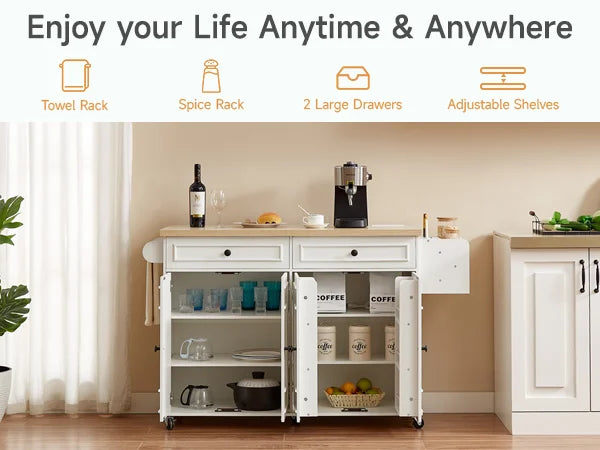 Wooden Rolling Kitchen Island Cart With Drop Leaf Storage Rack