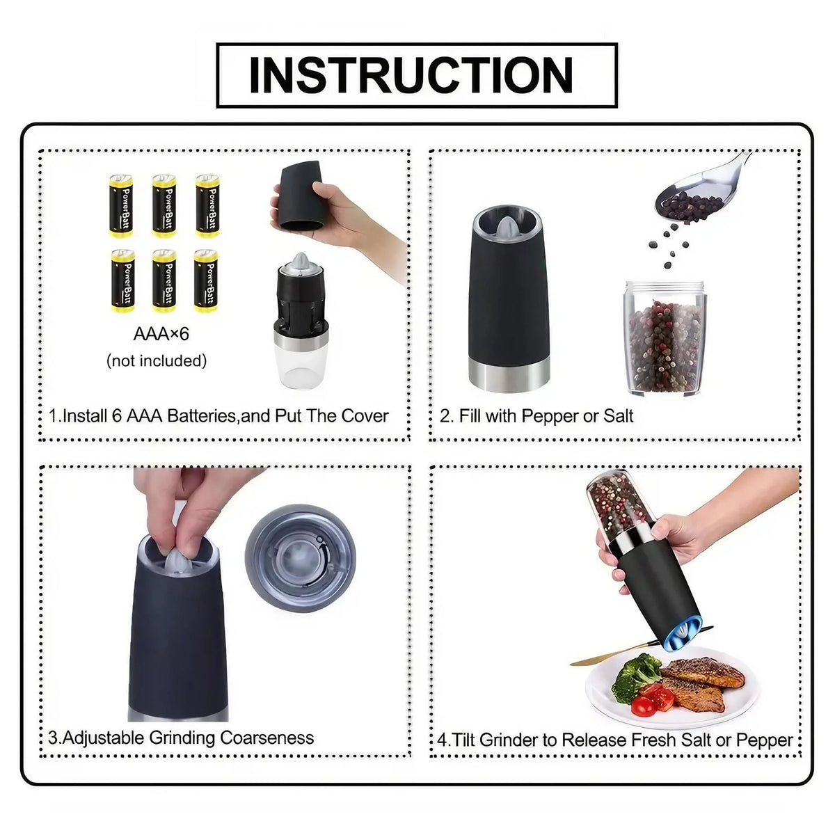 Gravity Electric Salt and Pepper Grinder - Battery Powered Salt or Pepper Mill with Adjustable Coarseness and LED Light, Easy Operation for Kitchen Dining BBQ Cooking, Grind Fresh for Better Flavor, Great for Home Cooks