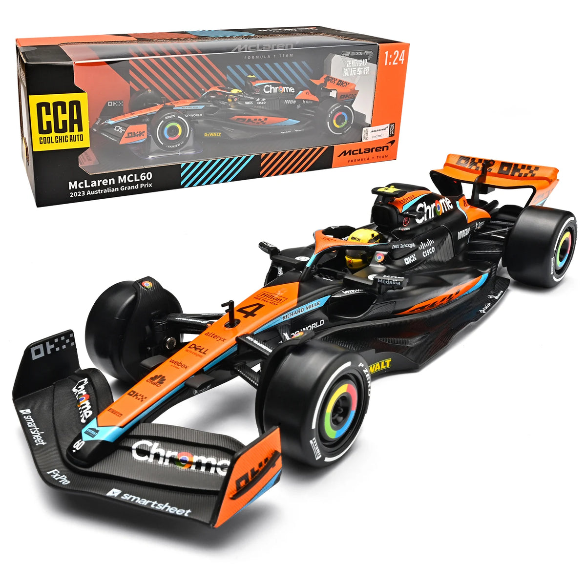 1:24 Scale McLaren MCL60 Diecast Alloy Model, 2023 Australian GP #4 Racing Car with Steering Wheels Base Collectible Display Gift