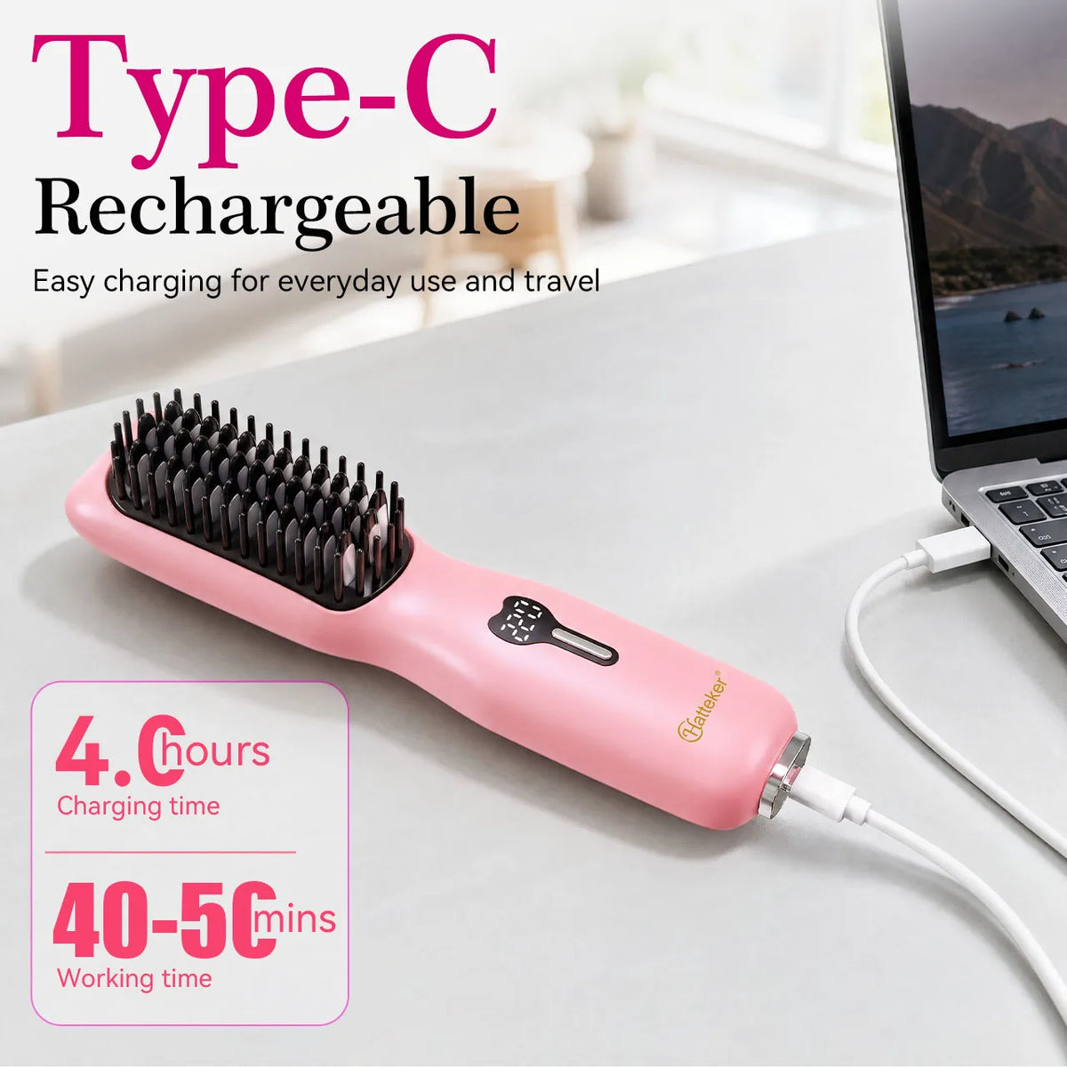 Hatteker Wireless Portable Hair Straightening Comb Multi-temperature Control Styling Brush for Straight And Curling Hair