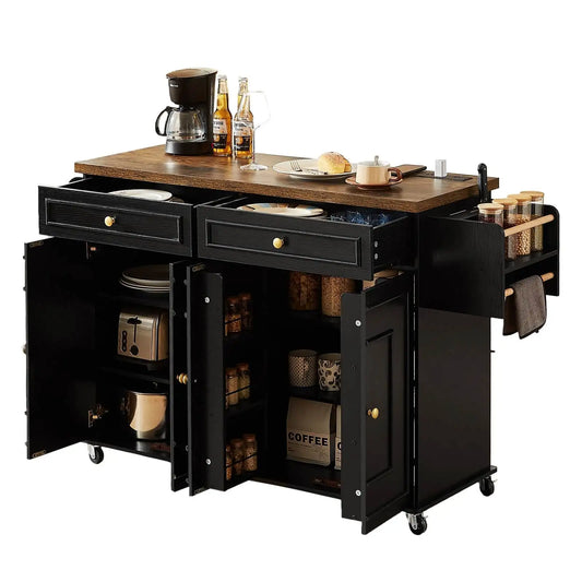 Wooden Rolling Kitchen Island Cart With Drop Leaf Storage Rack