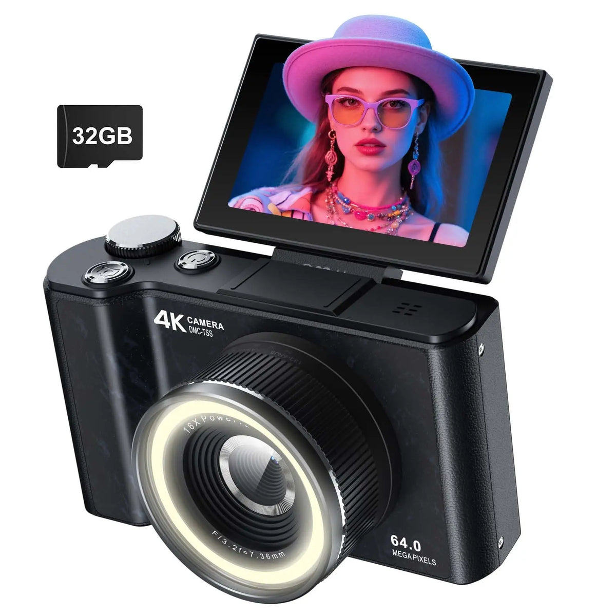 4K Digital Camera for Photography,4k Camera with Ring Light，180° Flip Screen Camera for Vlogging with Beauty Mode,Point and Shoot Digital Cameras for Beginner with SD Card，Christmas Gift
