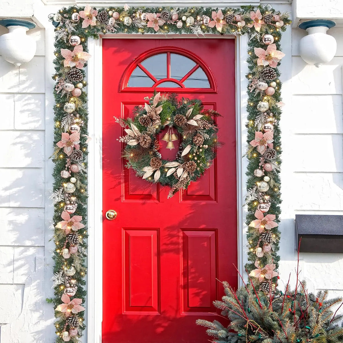 Tacleekii 6 Feet Christmas Garland with Lights & Timer for Mantle Battery Operated 20 LED 8 Modes Ball Ornaments & Poinsettias, Prelit Garland Decorations