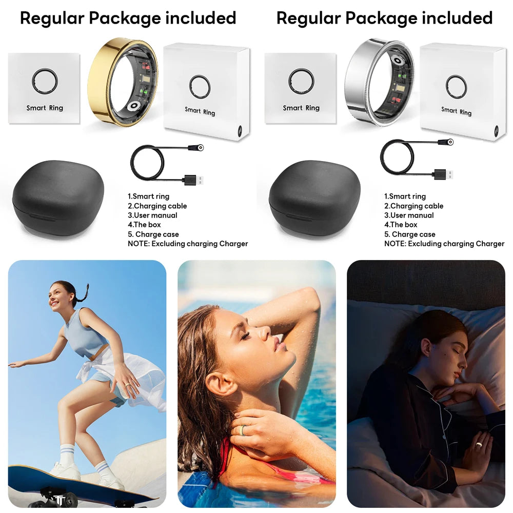 Smart Health Ring Body Temp Heart Rate Blood Oxygen Sleep Monitor 5ATM Waterproof Bluetooth 5.2 with Charging Case QRing APP