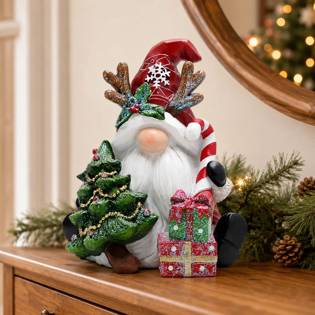 Hodao Resin Christmas Gnome Figurine, 6.1" Santa Gnome with Red Snowflake Hat, Reindeer Antlers, Christmas Tree, Gift Boxes and Candy Cane, Festive Holiday Tabletop Decor, Shelf Sitter Ornament for Mantel, Fireplace, Entryway