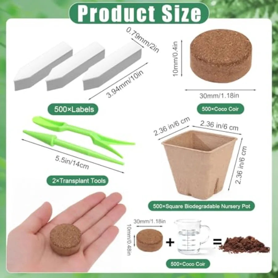 Garden germination container: biodegradable square peat pots 2.36 + compressed coir fiber soil, 500 sets bulk kit with planting