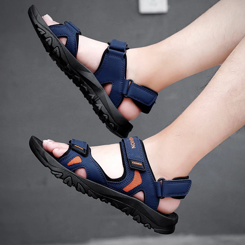 Men Casual Open Toe Flat Sandals Featuring Hook Loop Strap Design