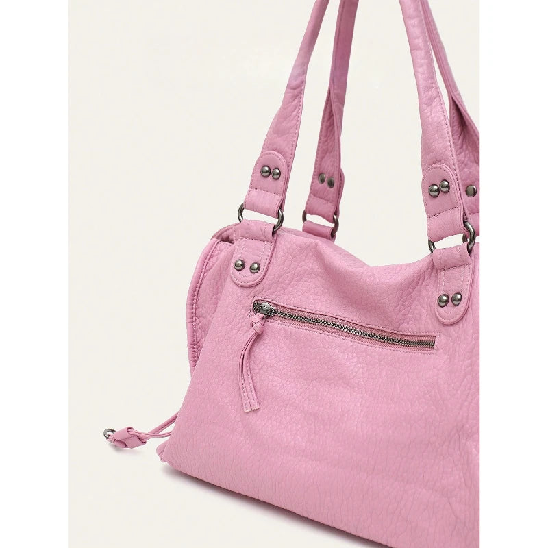 Women Casual Street Style PU Leather Tote Bag Zipper Pockets Braid Decor Fits 13 Inch Laptop Large Capacity