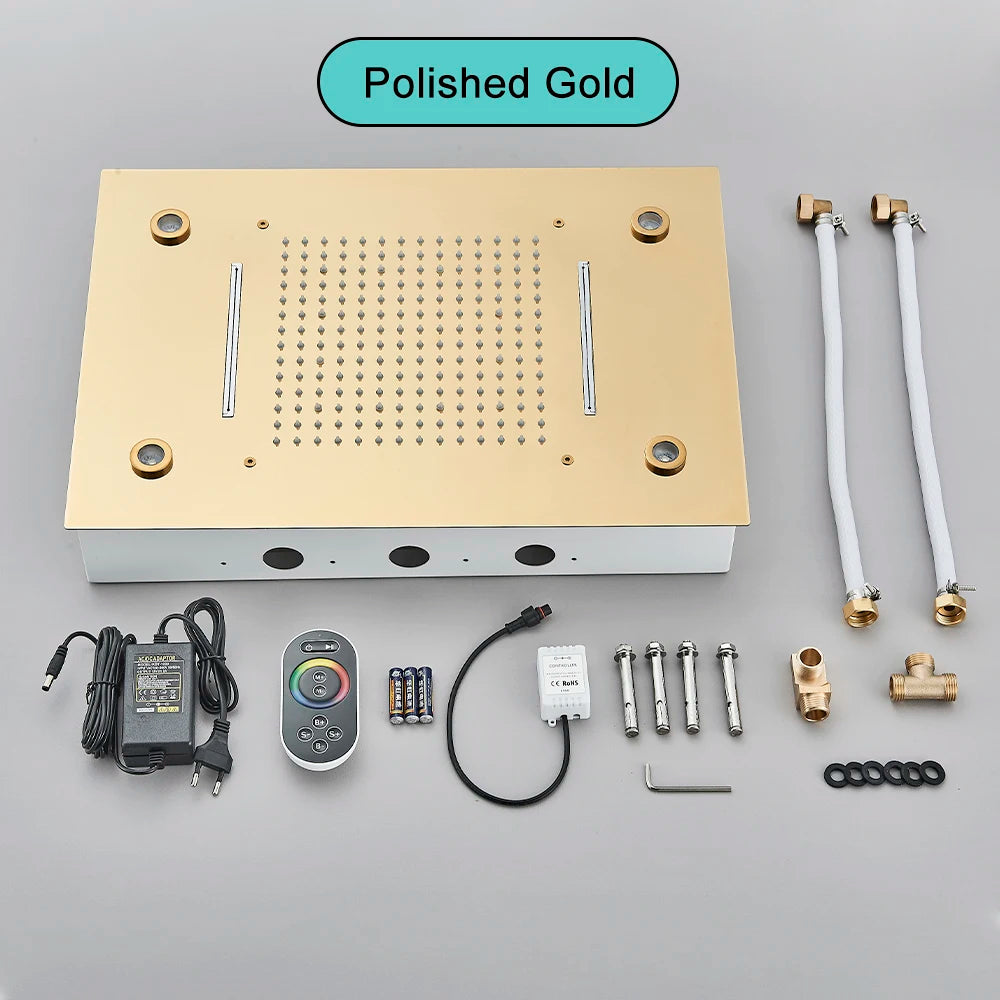 Black Embedded Ceiling Shower Head Intelligent Remote Control LED Rainfall Shower Set High Flow Waterfall Concealed Tap