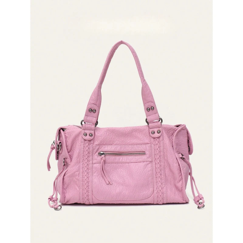 Women Casual Street Style PU Leather Tote Bag Zipper Pockets Braid Decor Fits 13 Inch Laptop Large Capacity