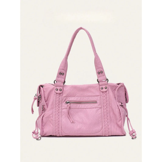 Women Casual Street Style PU Leather Tote Bag Zipper Pockets Braid Decor Fits 13 Inch Laptop Large Capacity