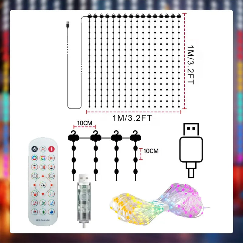 Smart RGBIC Curtain Lights APP Control Music Sync DIY Patterns Timer LED String Lights for Christmas Bedroom Party Decor