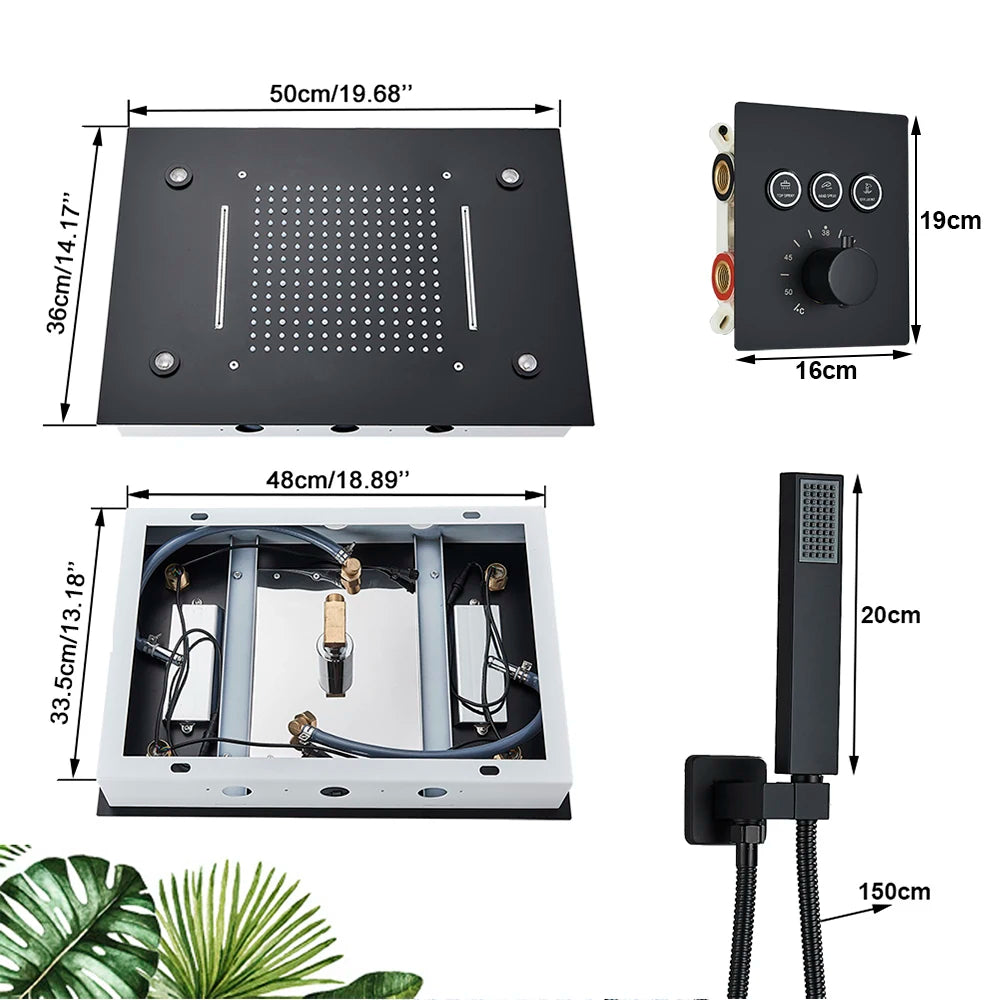Black Embedded Ceiling Shower Head Intelligent Remote Control LED Rainfall Shower Set High Flow Waterfall Concealed Tap