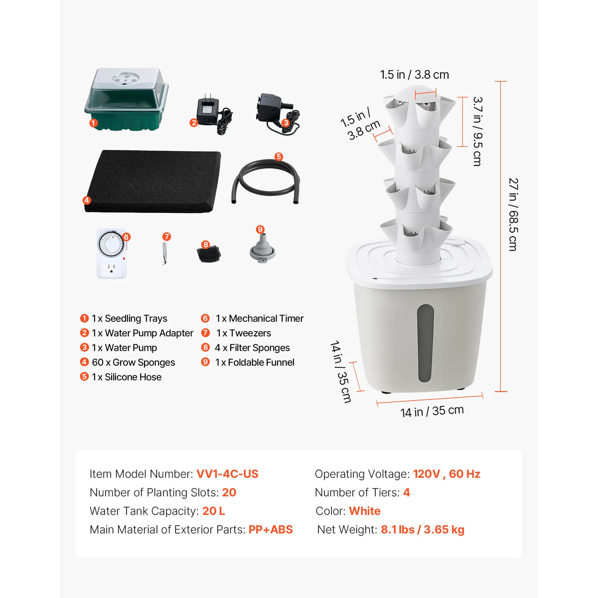 SucceBuy Hydroponic Tower 20/30/45/50 Pods 4/6/9/10 Tiers Hydroponics Growing System Kit with 20L Water Tank & Pump for Herbs