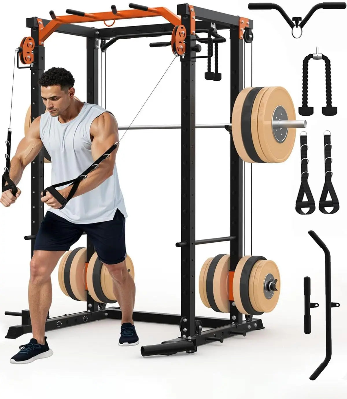 2000LB Power Rack with Cable Crossover, Lat Pulldown & Pulley System – Heavy Duty Workout Cage for Home Gym Training