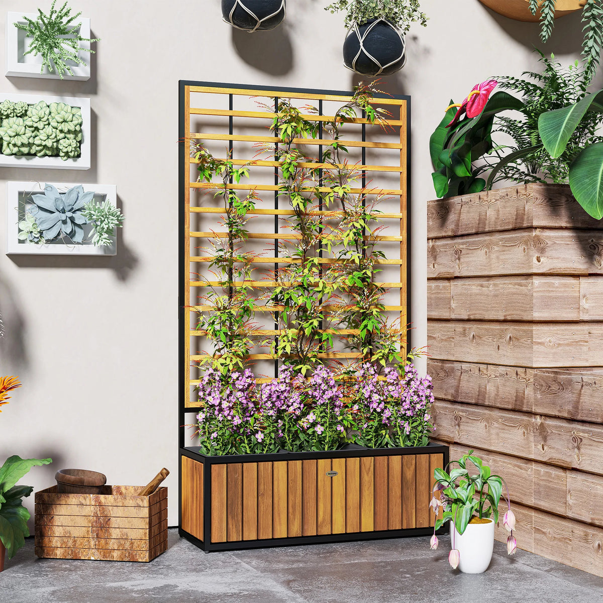 Raised Garden Bed, Planter Box with Trellis, Removable Pots, Teak