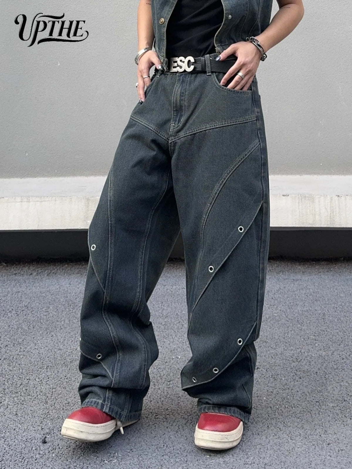 UP.THE Men Dark Raw Denim Baggy Wide Leg Jeans, Y2K Oversized Loose Curved Spliced Eyelet Denim Pants, Industrial Streetwear Trousers for Daily Outfits