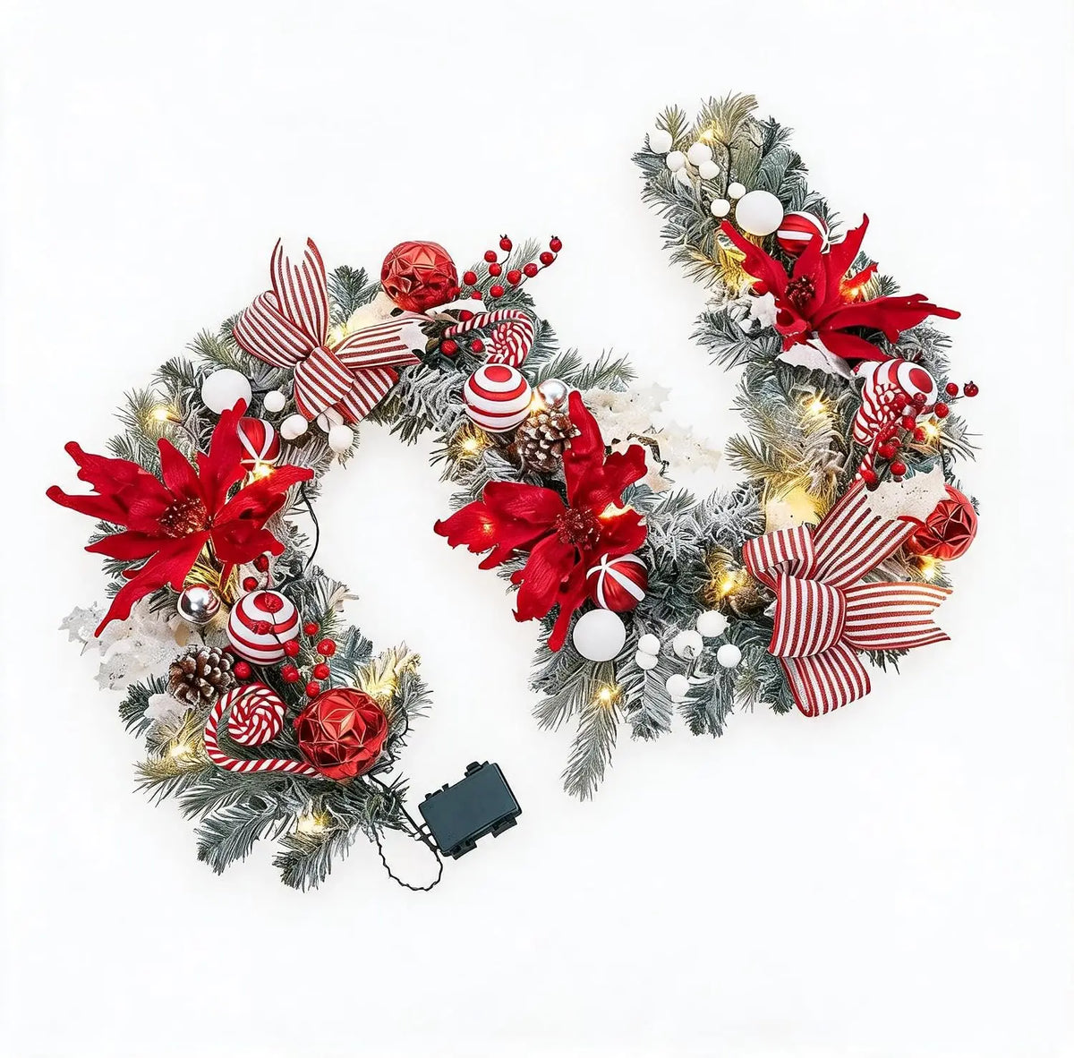 Tacleekii 6 Feet Christmas Garland with Lights & Timer for Mantle Battery Operated 20 LED 8 Modes Ball Ornaments & Poinsettias, Prelit Garland Decorations