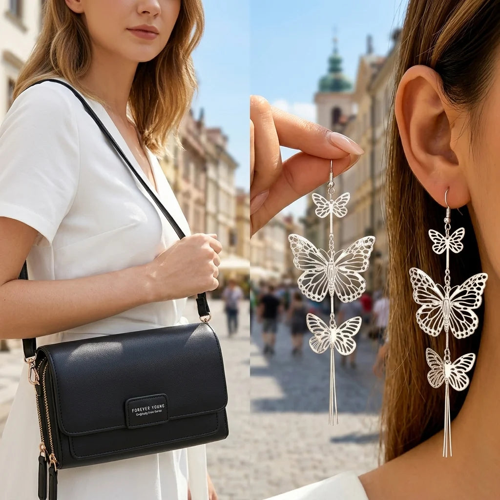 2PC(1PC Messenger Bag+1 Pair Earrings )Women's Small Shoulder Crossbody Bag and Elegant Long Drop Earrings,Hollow Butterfly Tassel Earrings,Bohemian Style, Mobile Phone Card Wallet Bag,Casual Handbag for Party Birthday,Daily