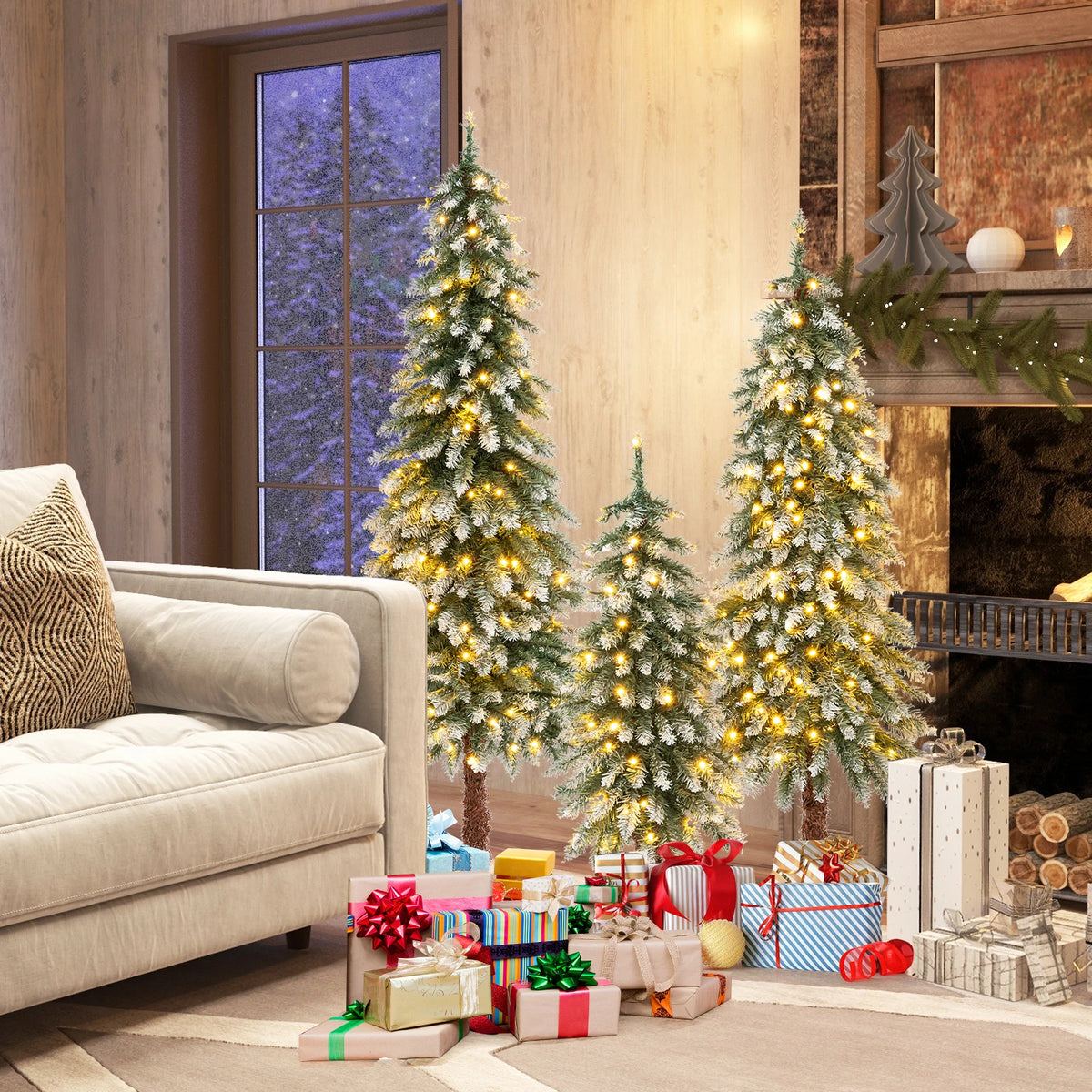 Lifezeal Pre Lit Artificial Snowy Pencil Christmas Tree Set