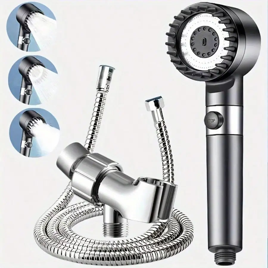 Stainless Steel Shower Head Set With 5 Filter Cartridges, 3 Adjustable Modes, Stainless Steel Panel & Adapter
