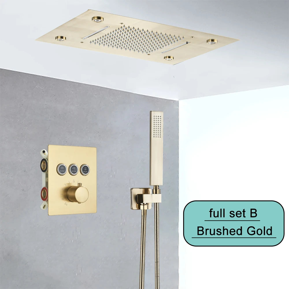 Black Embedded Ceiling Shower Head Intelligent Remote Control LED Rainfall Shower Set High Flow Waterfall Concealed Tap