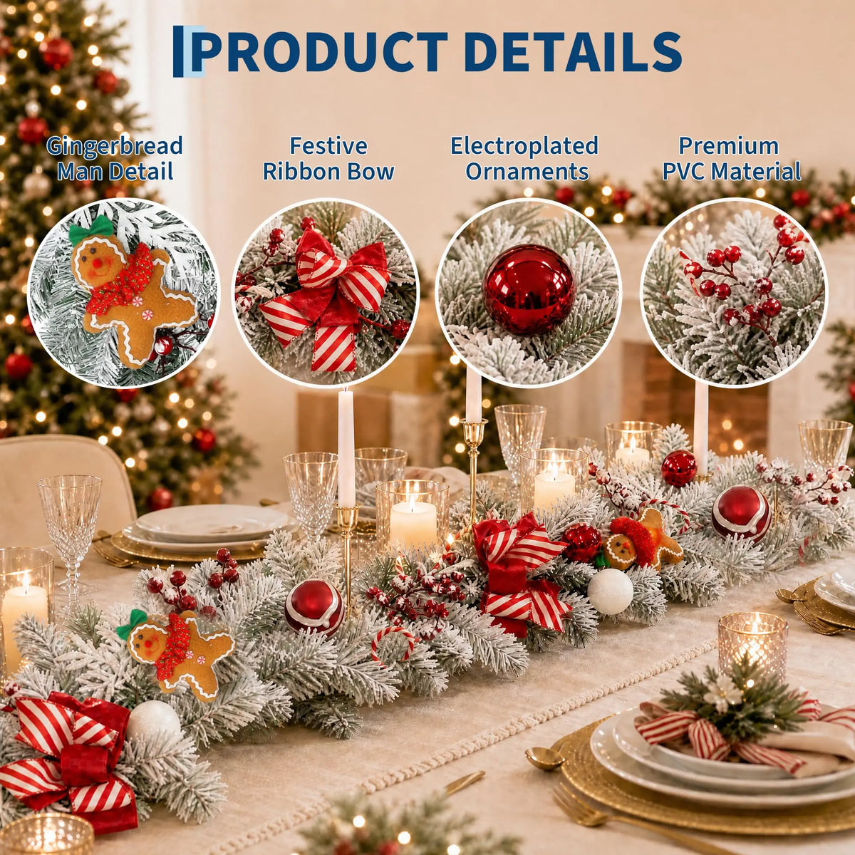 6FT Pre-Lit Gingerbread Christmas Garland With 20 LED Lights, 8 Modes Timer, Red Bows Berries Candy Balls For Mantel Stair Decor
