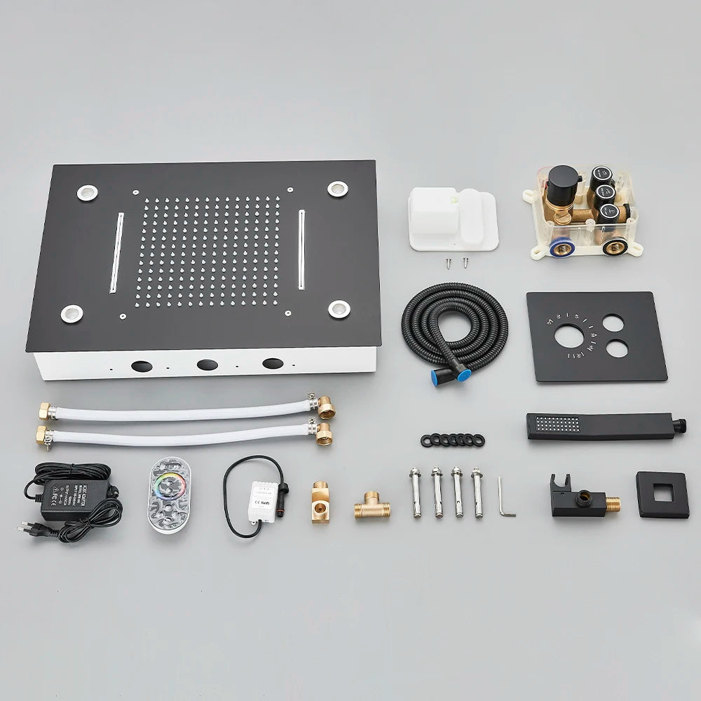 Black Embedded Ceiling Shower Head Intelligent Remote Control LED Rainfall Shower Set High Flow Waterfall Concealed Tap
