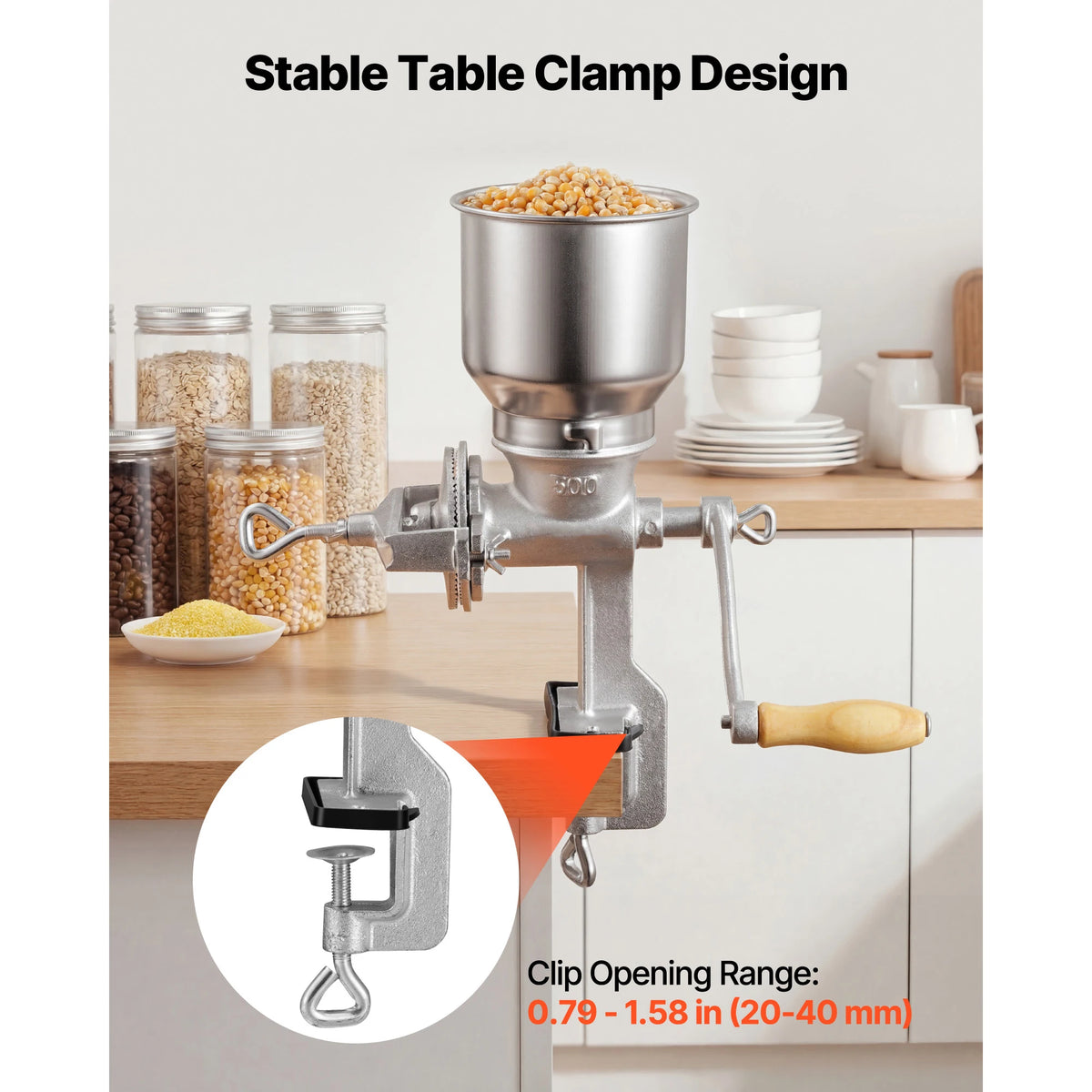 SucceBuy Manual Grain Mill with High Hopper Hand-Crank Corn Grinder with Stable Table Clamp for Grains Spices Coffee Beans Nuts