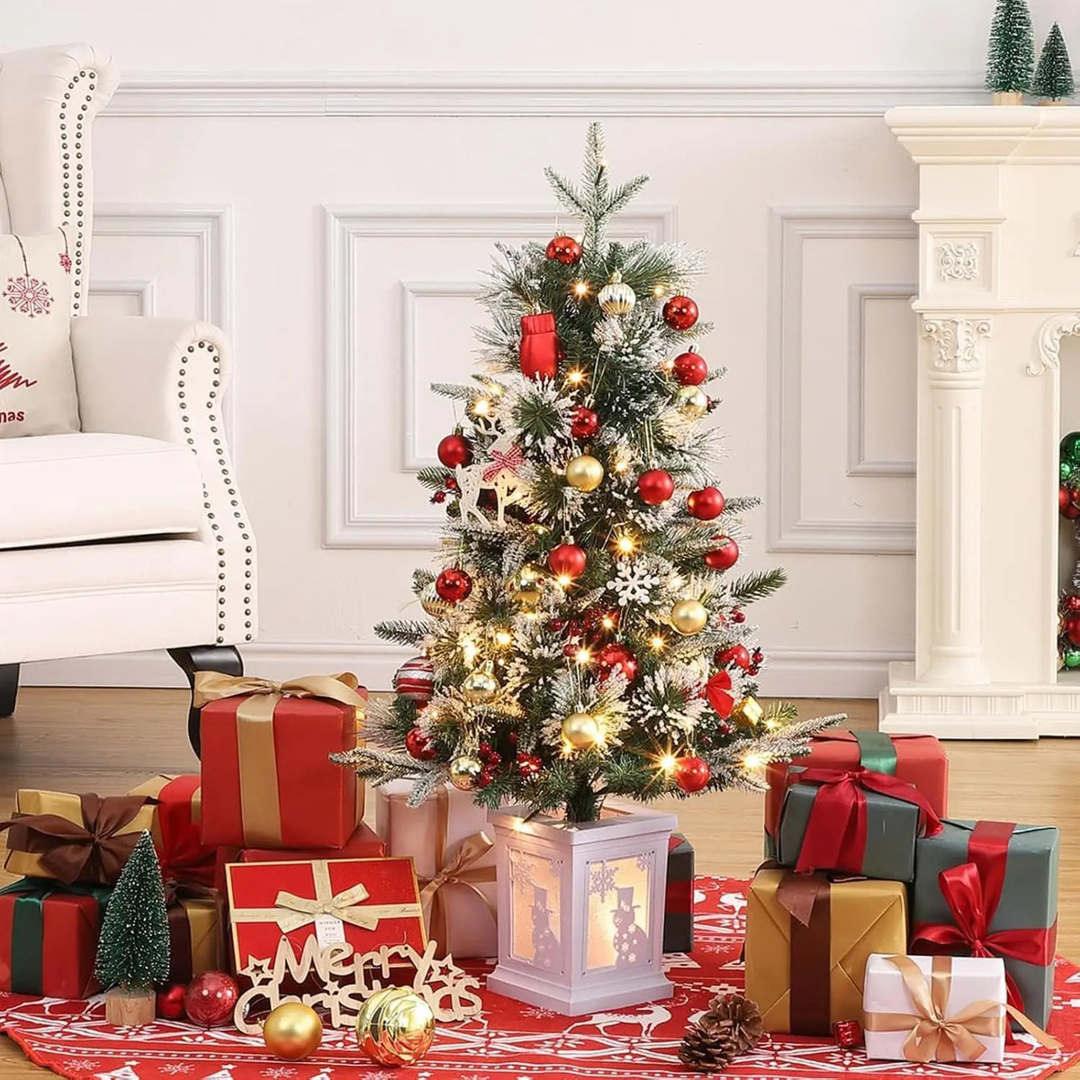 Pre Lit Artificial Christmas Tree With Potted Base And Lights