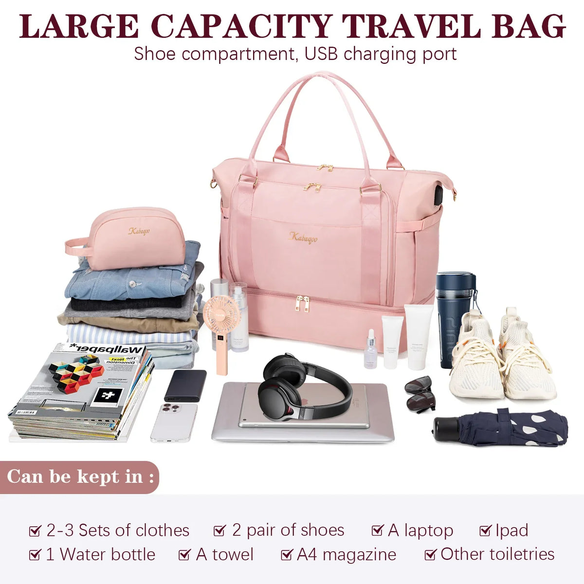 Large Capacity Travel Gym Bag Short-distance Luggage Portable Fitness Bags Shoulder Crossbody Handbags Women's Sports Waterproof