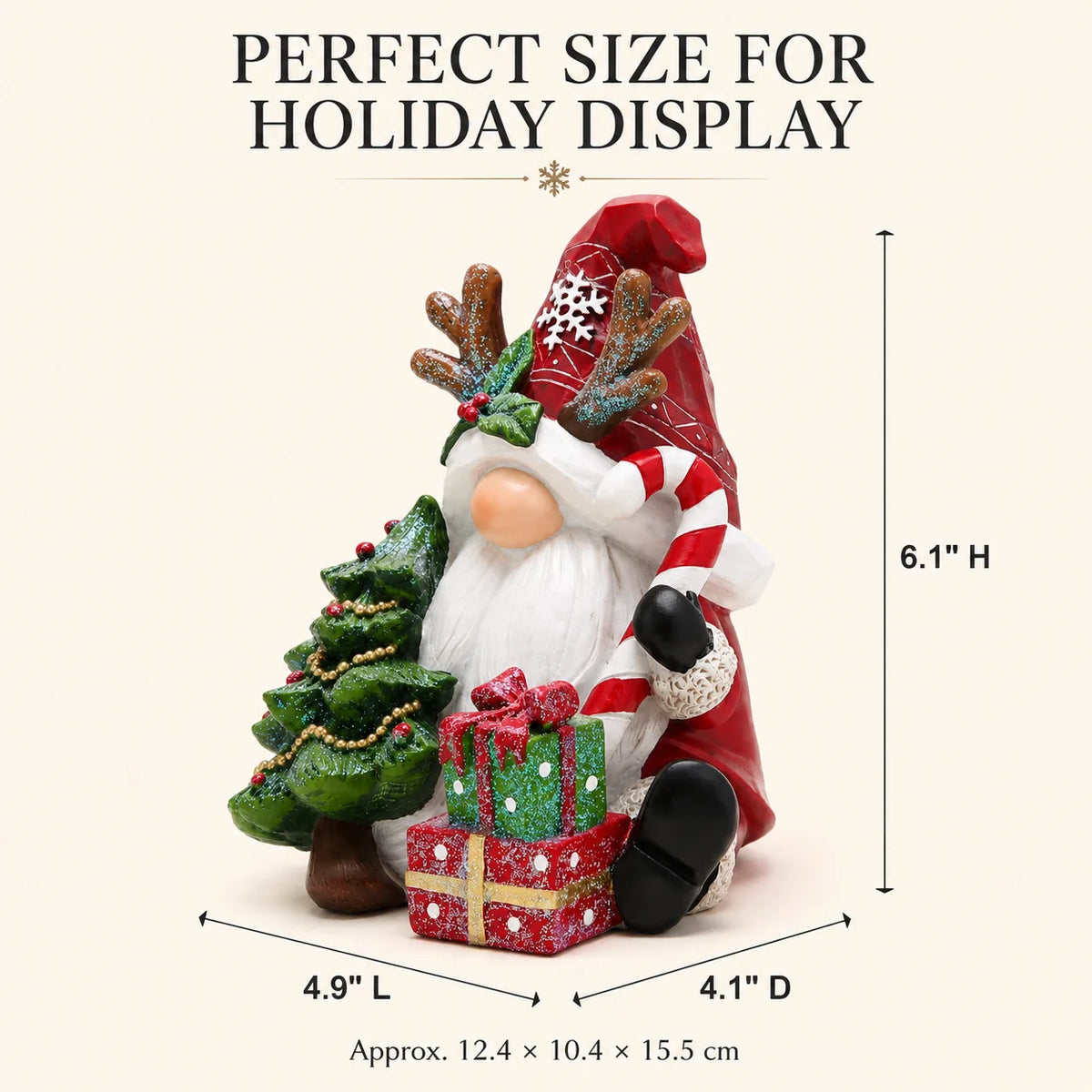 Hodao Resin Christmas Gnome Figurine, 6.1" Santa Gnome with Red Snowflake Hat, Reindeer Antlers, Christmas Tree, Gift Boxes and Candy Cane, Festive Holiday Tabletop Decor, Shelf Sitter Ornament for Mantel, Fireplace, Entryway