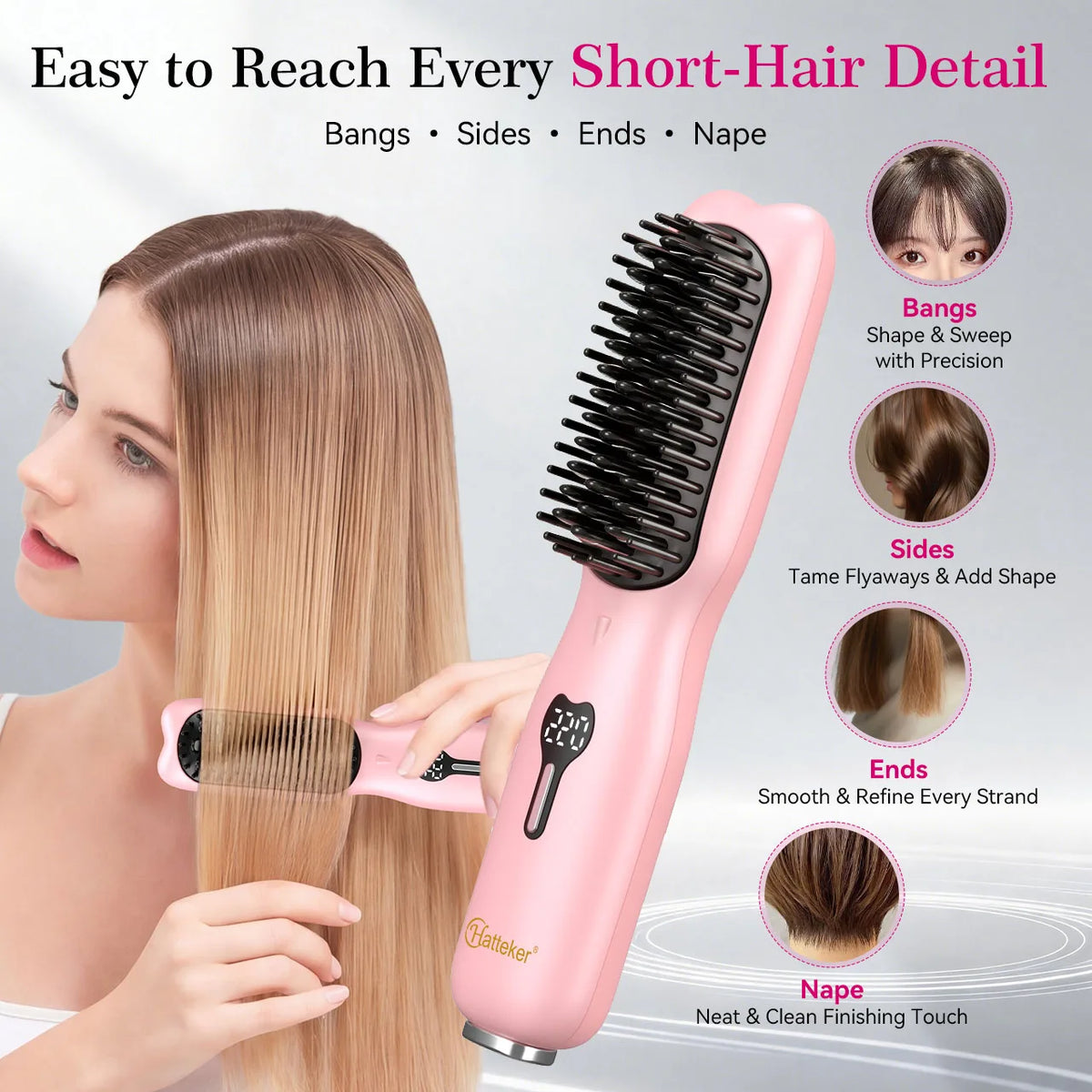 Hatteker Wireless Portable Hair Straightening Comb Multi-temperature Control Styling Brush for Straight And Curling Hair