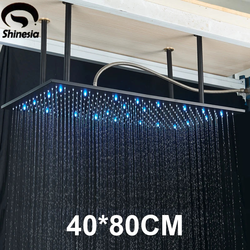 Shinesia LED Bathroom Shower Faucet 40*80cm Large Rainfall Waterfall Shower System Set Ceiling Mounted Black/Brushed Gold