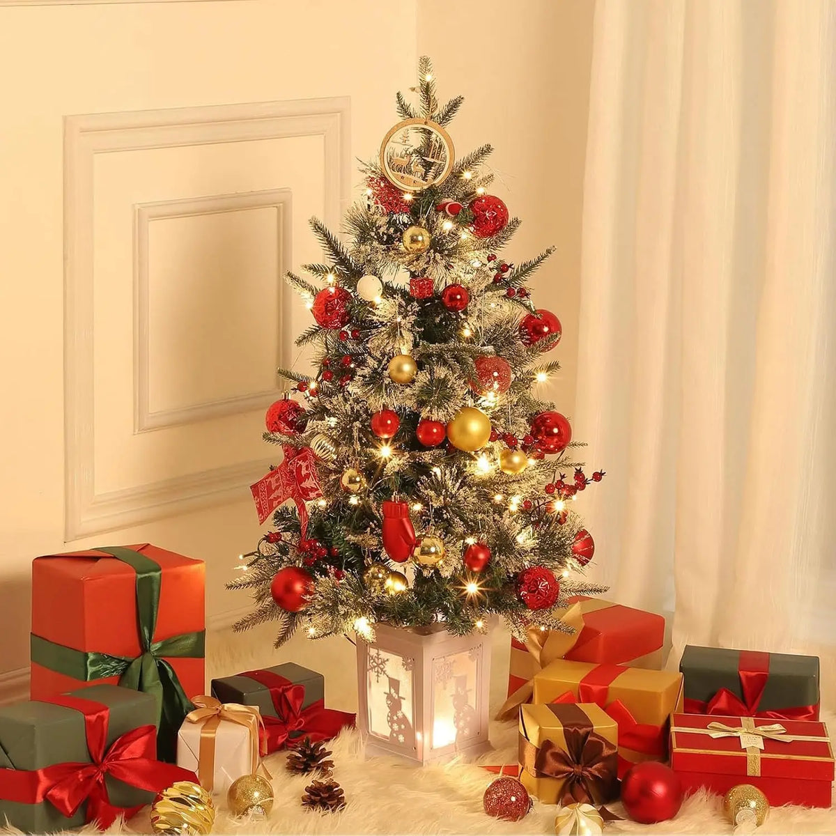 Pre Lit Artificial Christmas Tree With Potted Base And Lights