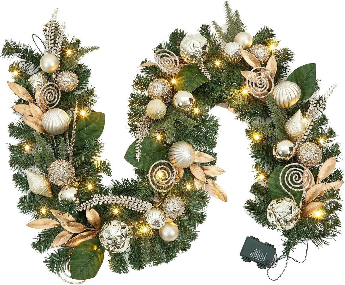 Tacleekii 6 Feet Christmas Garland with Lights & Timer for Mantle Battery Operated 20 LED 8 Modes Ball Ornaments & Poinsettias, Prelit Garland Decorations