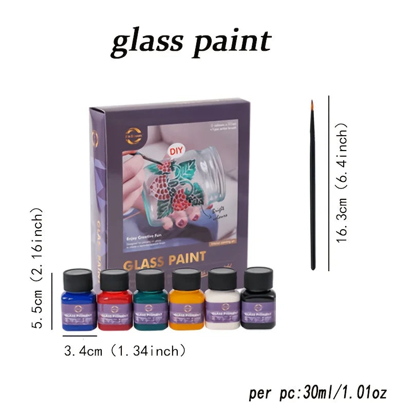 6 Color 30ml/1.01oz Hand Painting Paint Kit. Fabric Paint & Glass Paint. Each Kit Contains 6 Paint Bottles & 1 Outlining Brush. High Color Saturation  Strong Adhesion for Hand Painting on Fabric、 Glass. For DIY Crafters & A