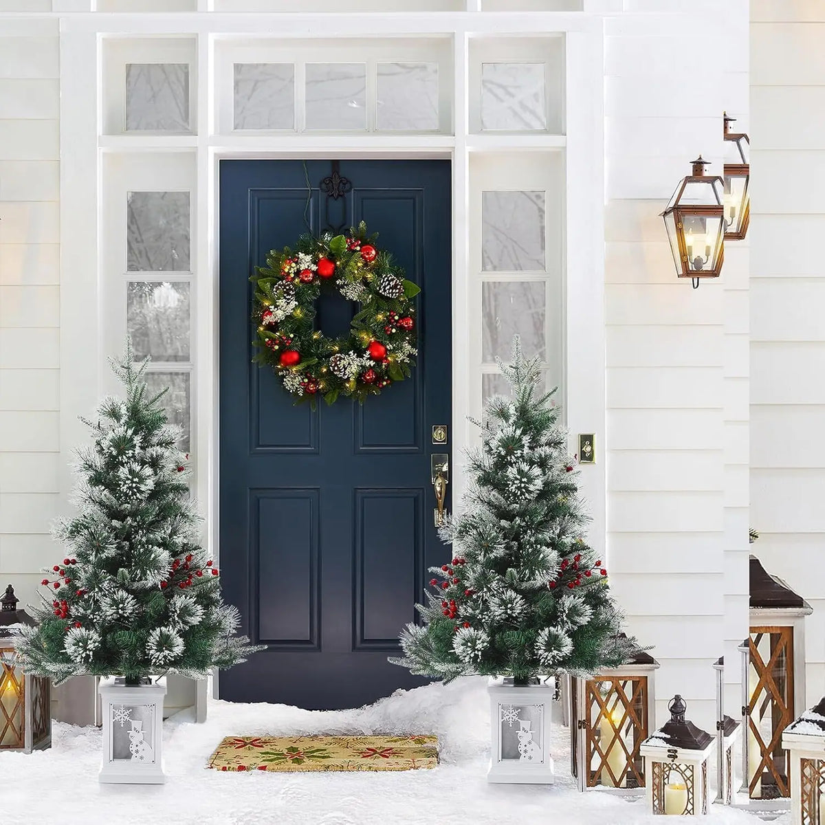 Pre Lit Artificial Christmas Tree With Potted Base And Lights